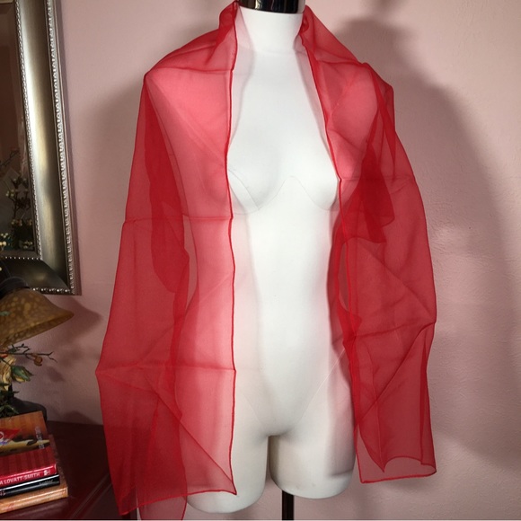 Vintage 40 50 Retro Sheer Red Oversized Long Scarf Wrap Minimalist Evening - Picture 11 of 15